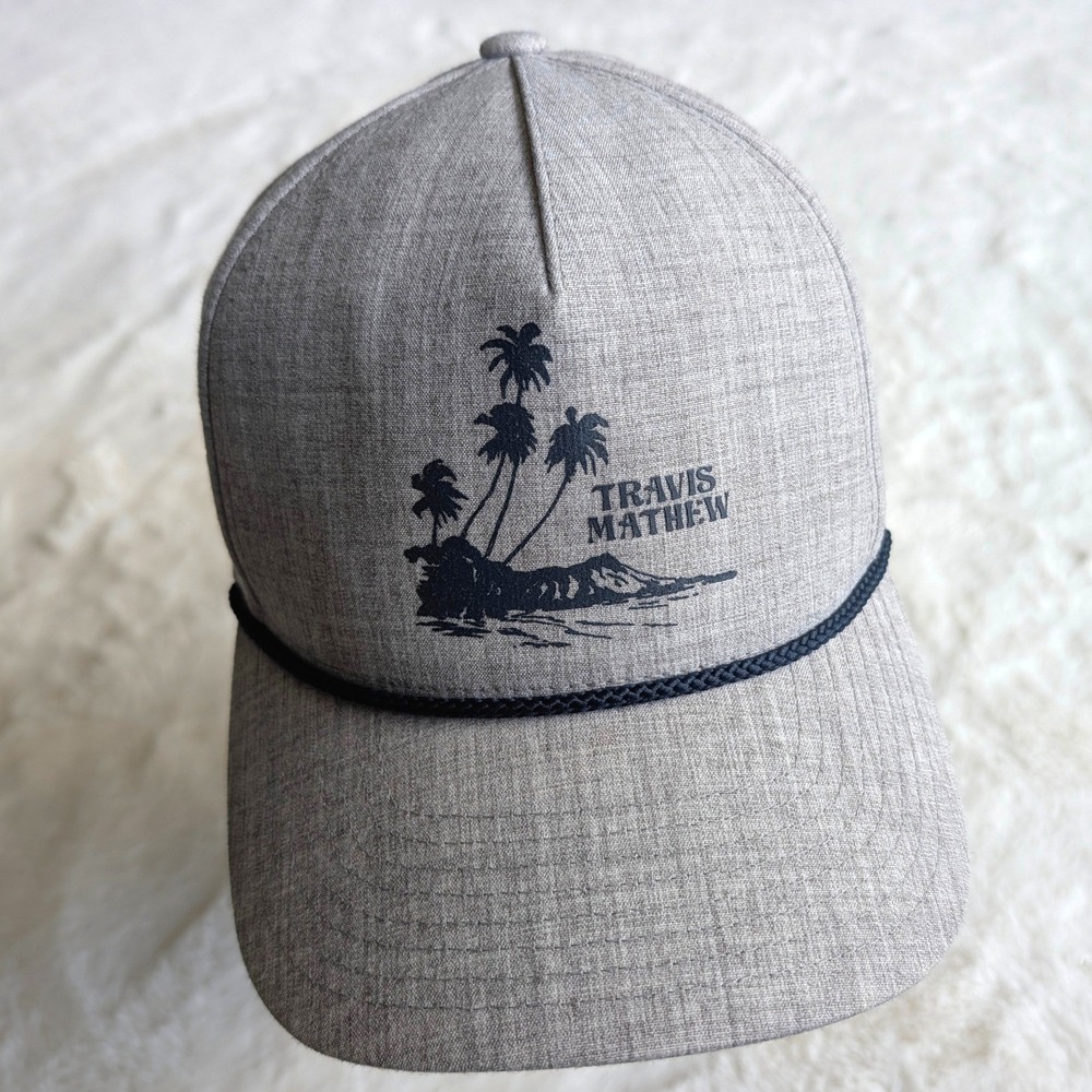 TravisMathew Men's Gray Palm Tree Rope Snapback Hat Flexfit 110 One Ten Tech